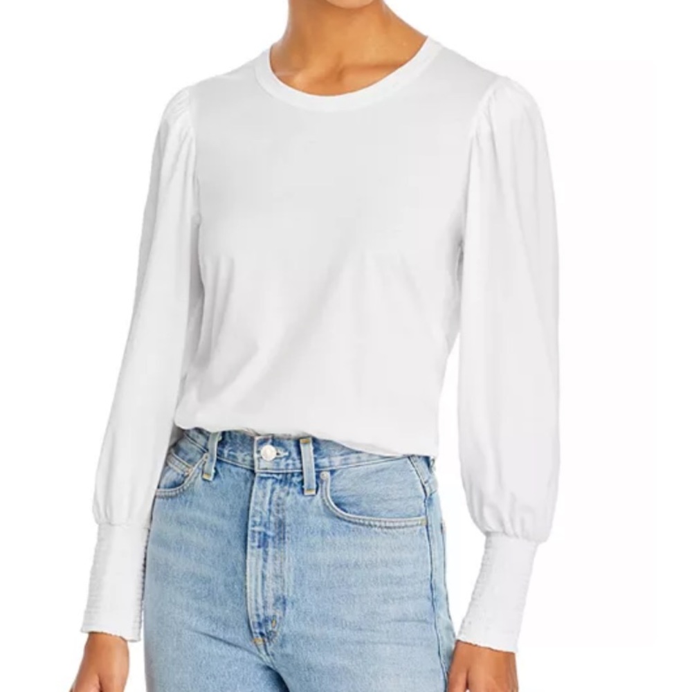 A.L.C. Karter Long Puff Sleeve T-Shirt White Cotton Smocked Cuff Long Sleeve